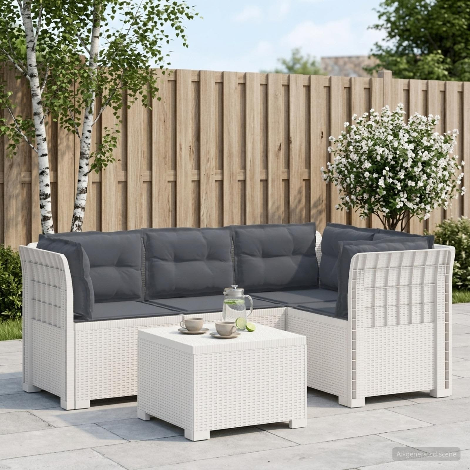 vidaXL 4-Sitzer Garten Sofa mit Kissen Rattan Look PP Weiß