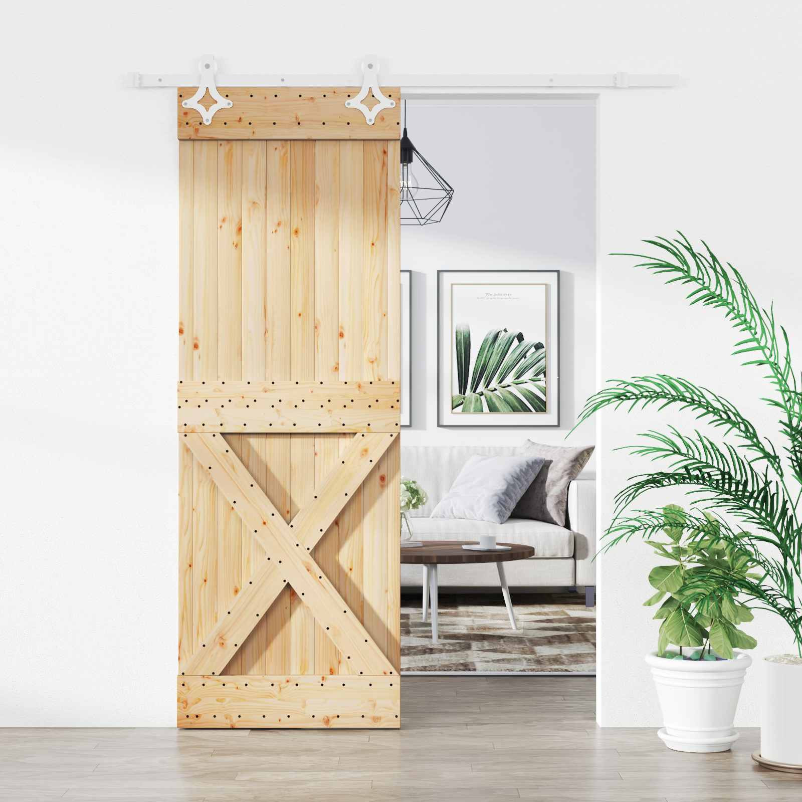 vidaXL Schiebetür Natürlich und Weiß 85 x 210 cm Massivkiefer