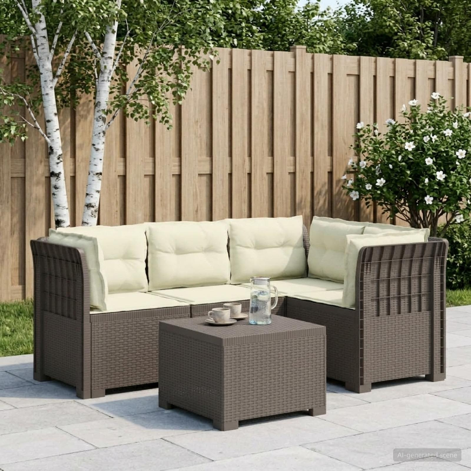 vidaXL 4-Sitzer Garten Sofa mit Kissen Rattan Look PP Hellgrau