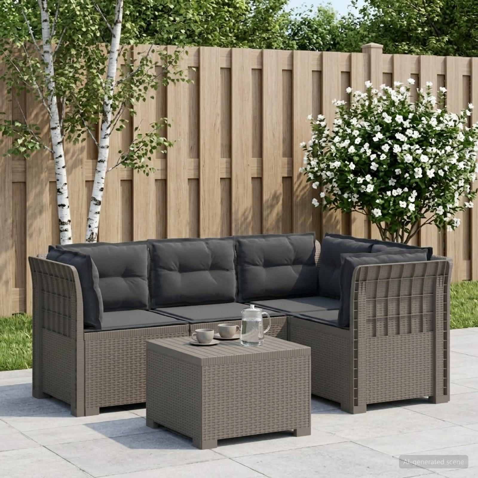 vidaXL 4-Sitzer Garten Sofa mit Kissen Rattan Look PP Hellgrau