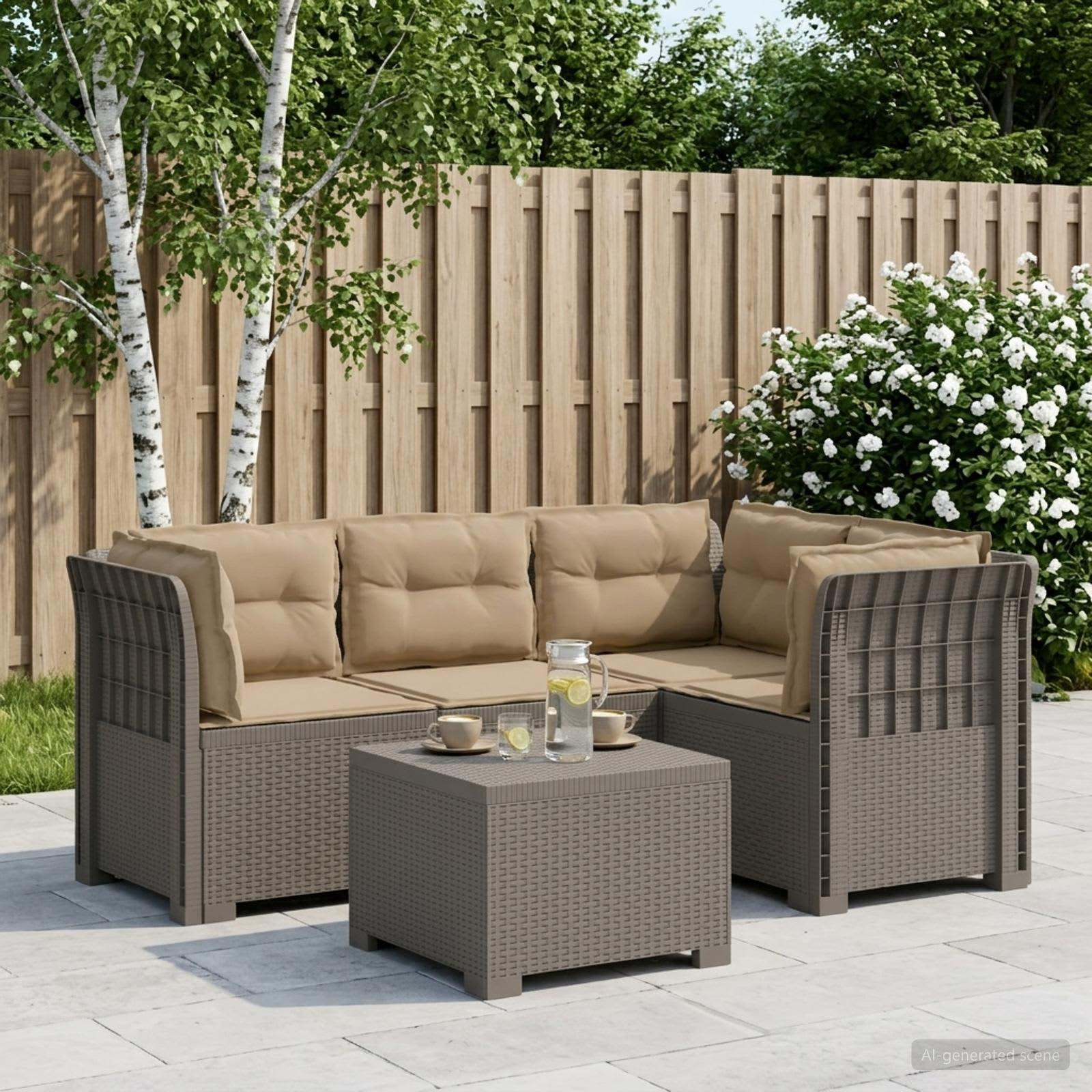 vidaXL 4-Sitzer Garten Sofa mit Kissen Rattan Look PP Hellgrau