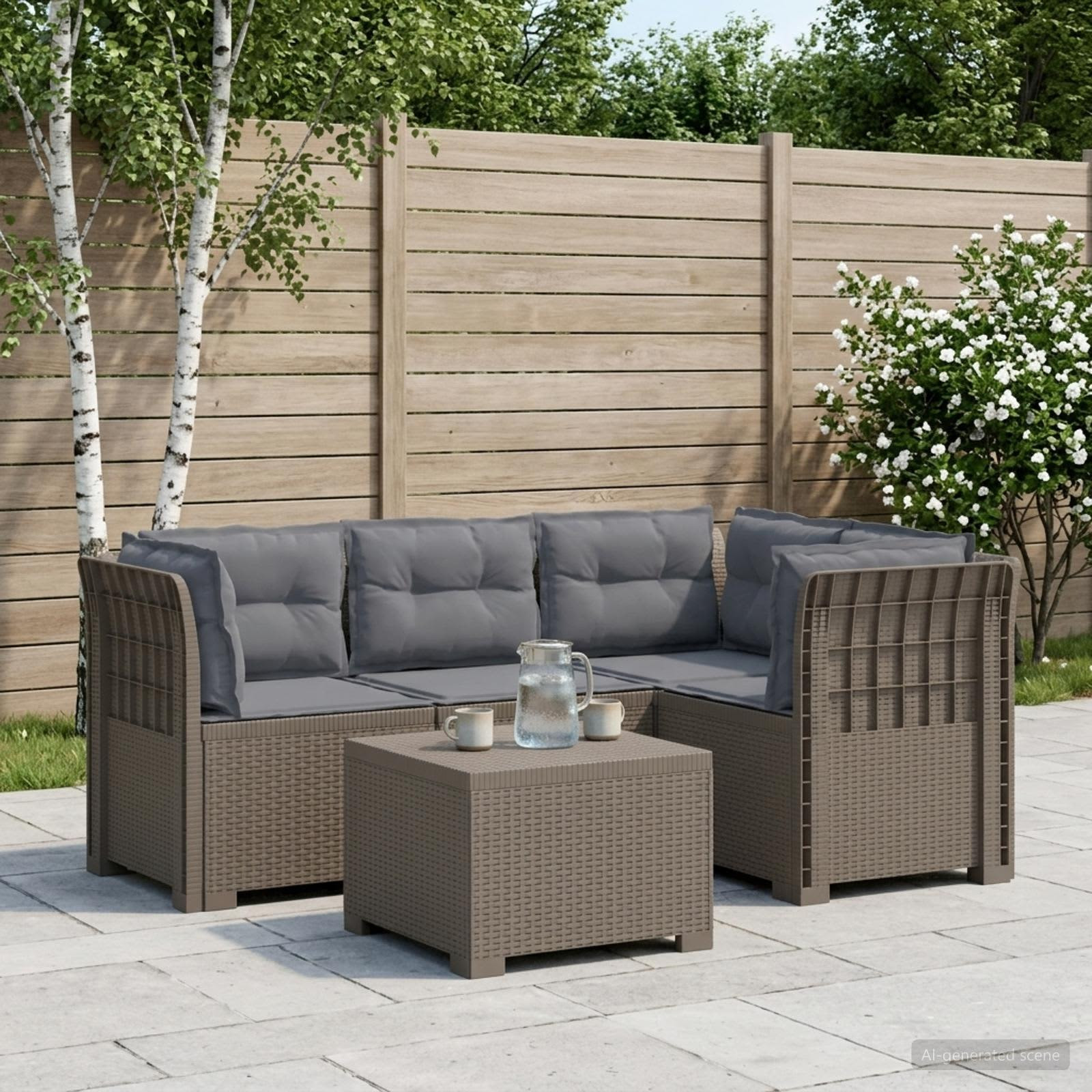 vidaXL 4-Sitzer Garten Sofa mit Kissen Rattan Look PP Hellgrau