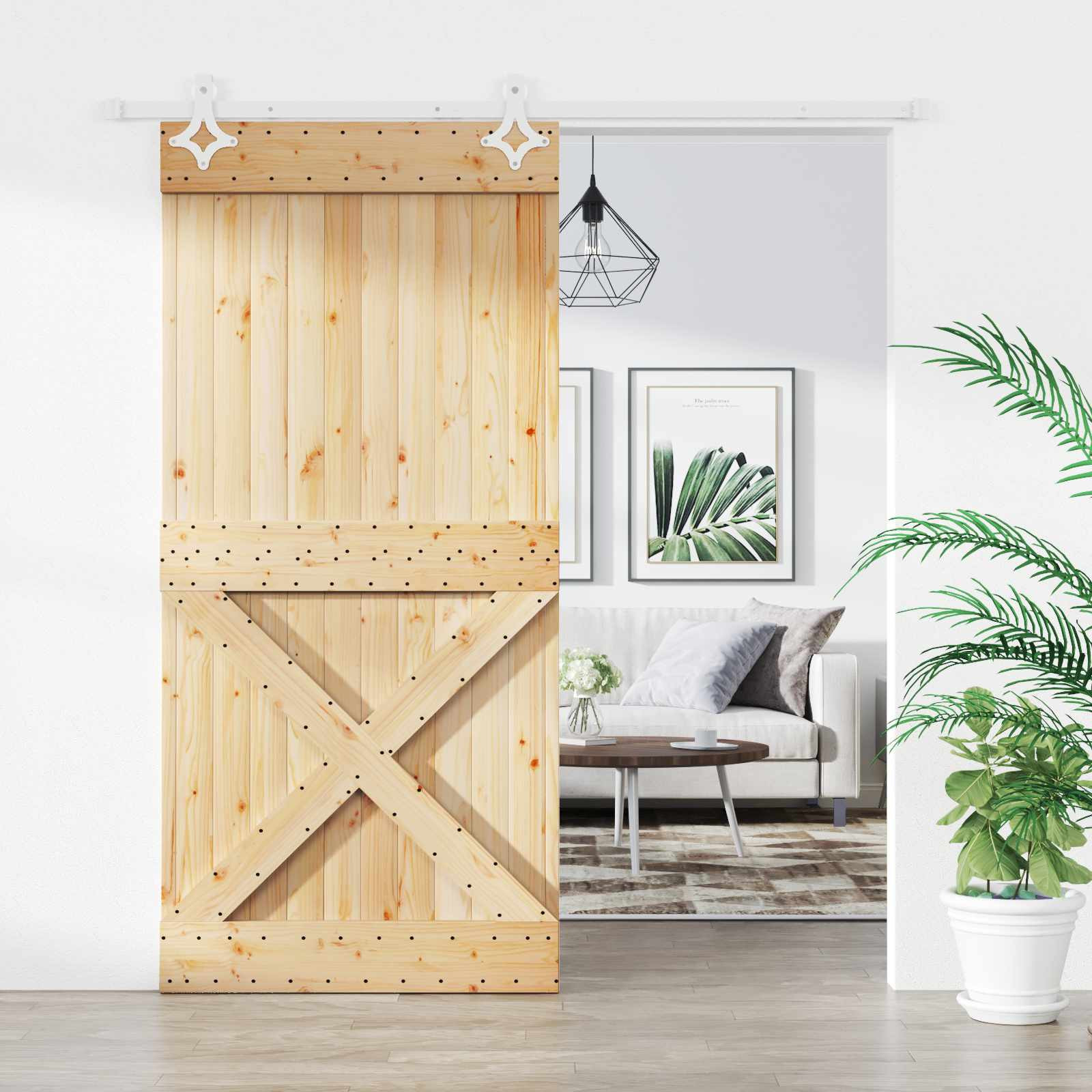 vidaXL Schiebetür Natürlich und Weiß 95 x 210 cm Massivkiefer