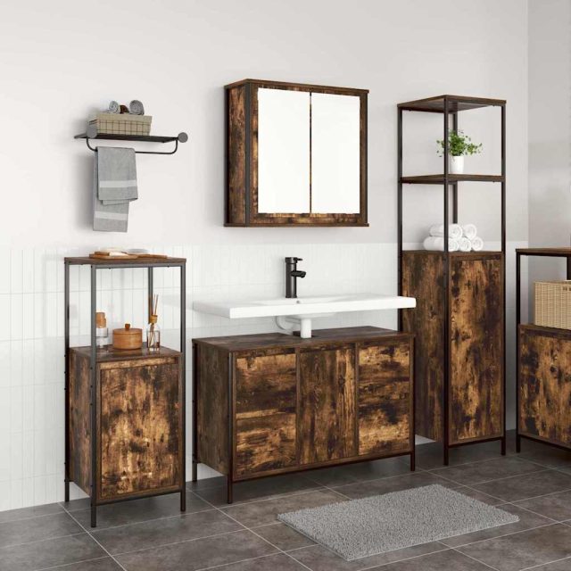vidaXL Badezimmermöbel-Set mit Tür 3 pcs Geräucherte Eiche und Schwarz