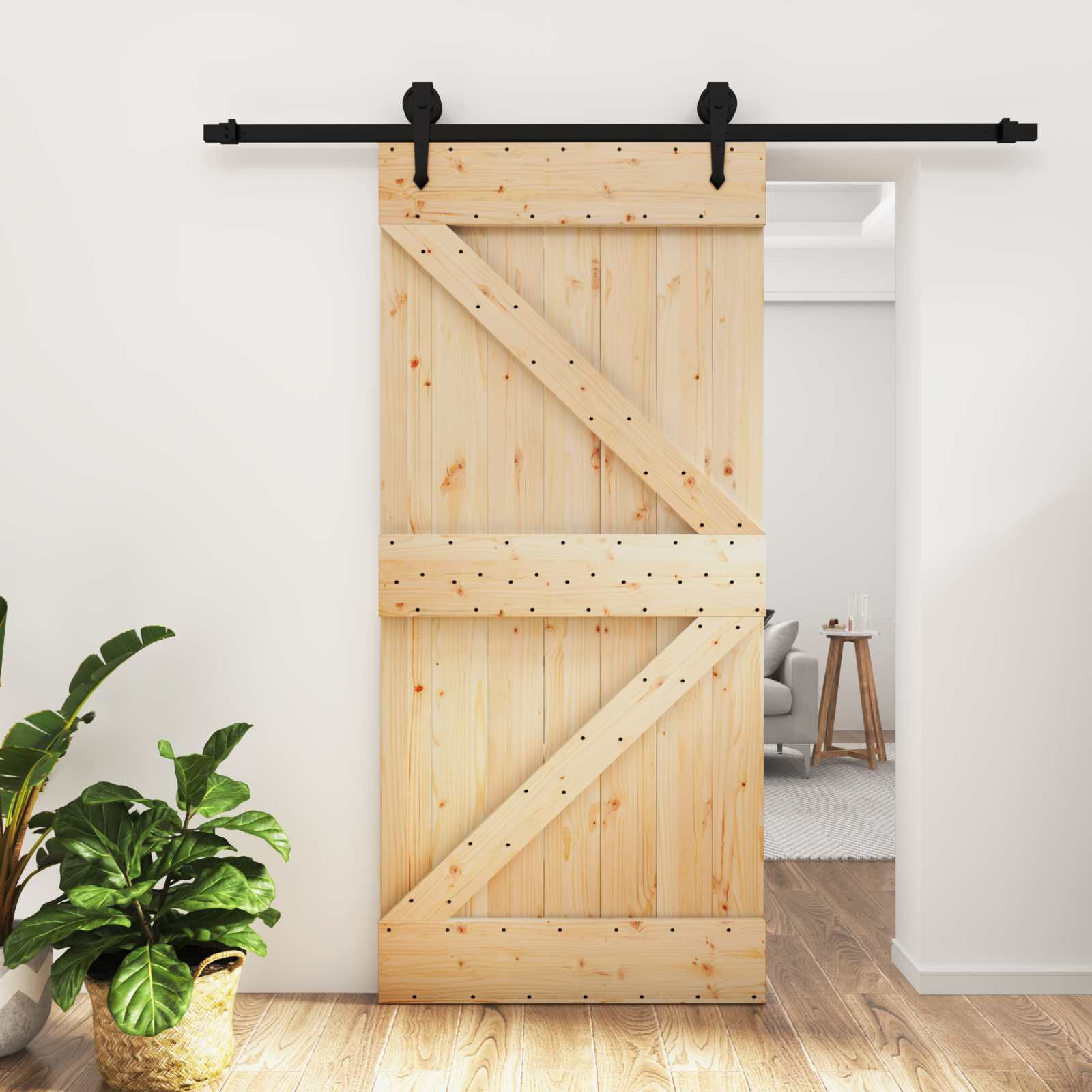 vidaXL Schiebetür Natürlich und Schwarz 95 x 210 cm Massivkiefer