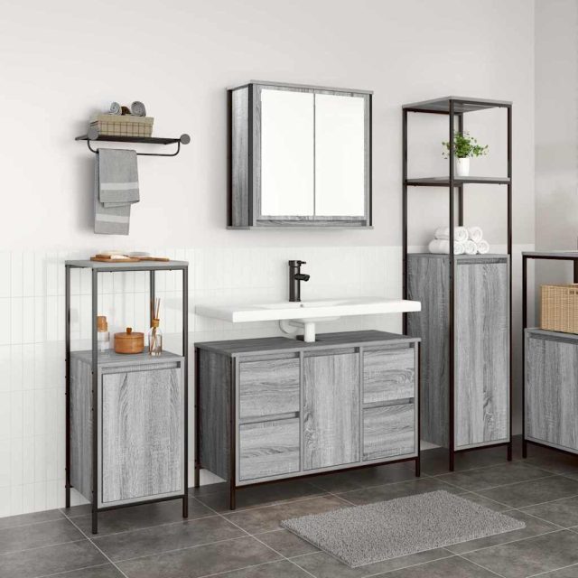vidaXL Badezimmermöbel Set mit Regal 3 pcs Grau Sonoma und Schwarz