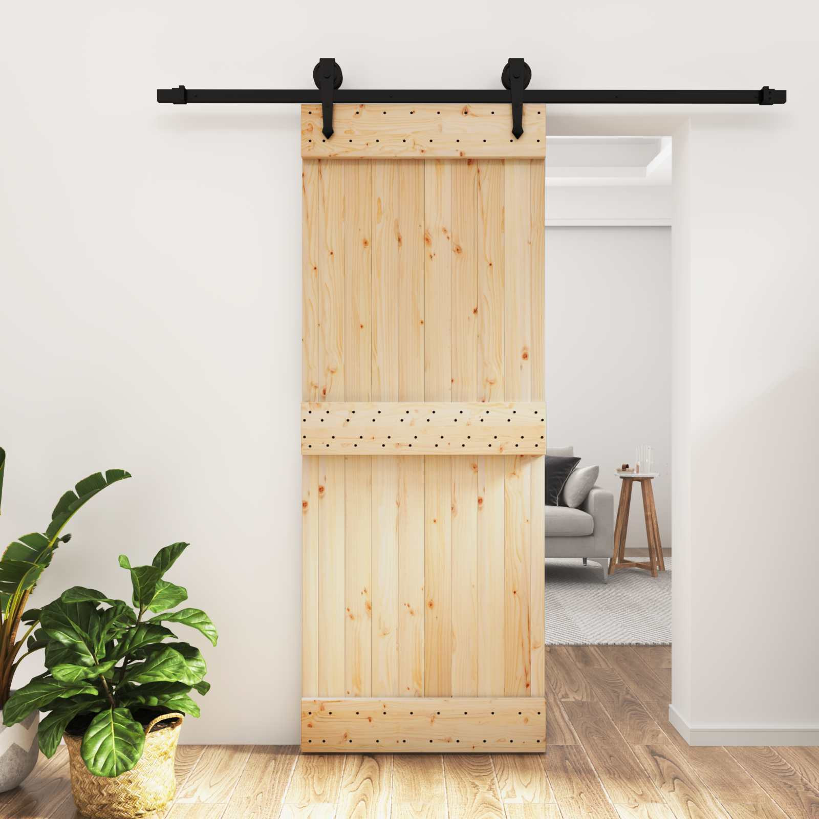vidaXL Schiebetür Natürlich und Schwarz 80 x 210 cm Massivkiefer