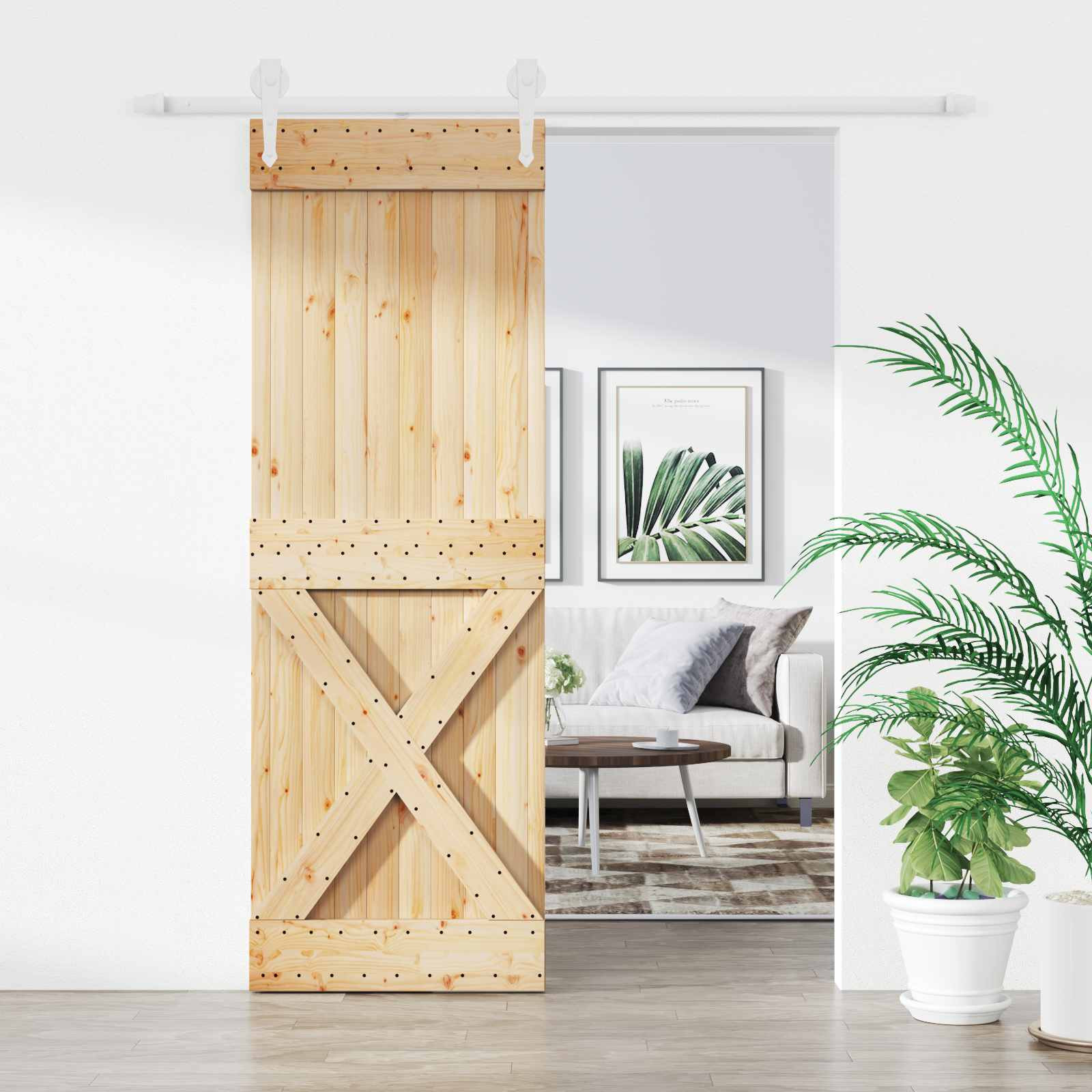 vidaXL Schiebetür Natürlich und Weiß 80 x 210 cm Massives Kiefernholz