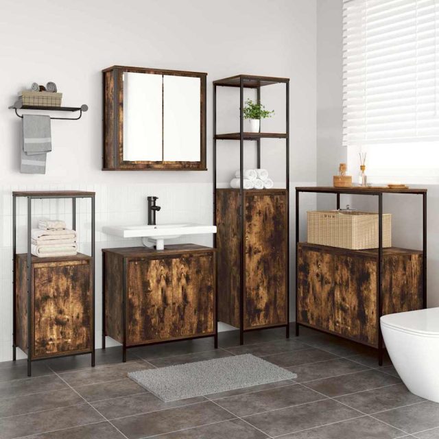 vidaXL Badezimmermöbel-Set mit Tür 5 pcs Geräucherte Eiche und Schwarz
