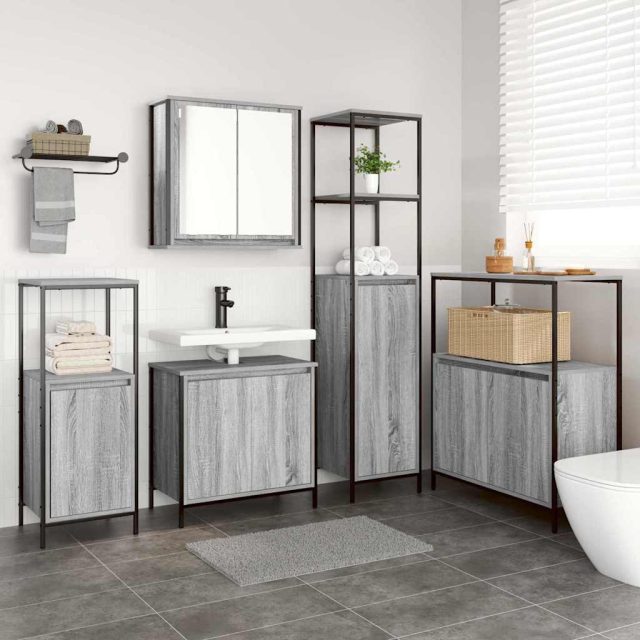 vidaXL Badezimmermöbel-Set 5 pcs Grau Sonoma und Schwarz Holzwerkstoff