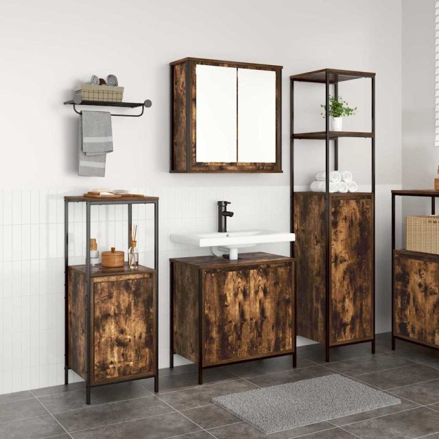 vidaXL Badezimmermöbel-Set mit Tür 3 pcs Geräucherte Eiche und Schwarz