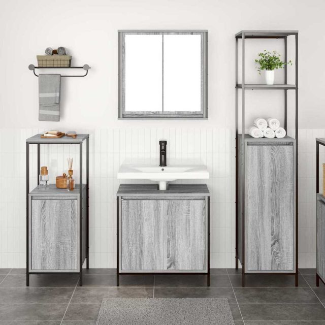 vidaXL Badezimmermöbel-Set 3 pcs Grau Sonoma und Schwarz Holzwerkstoff