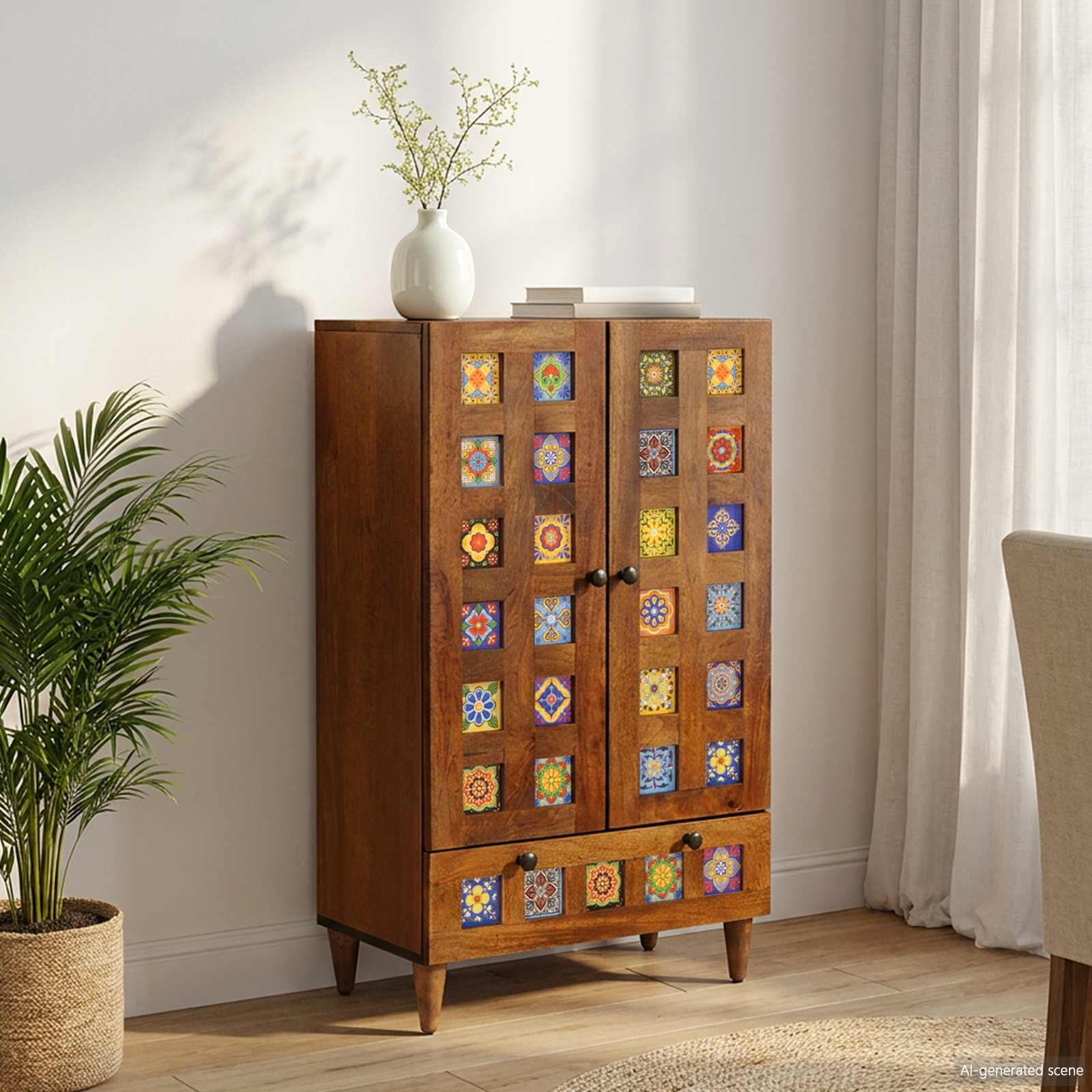 vidaXL Highboard mit Tür Walnuss 60 x 33,5 x 100 cm Massivholz Mango