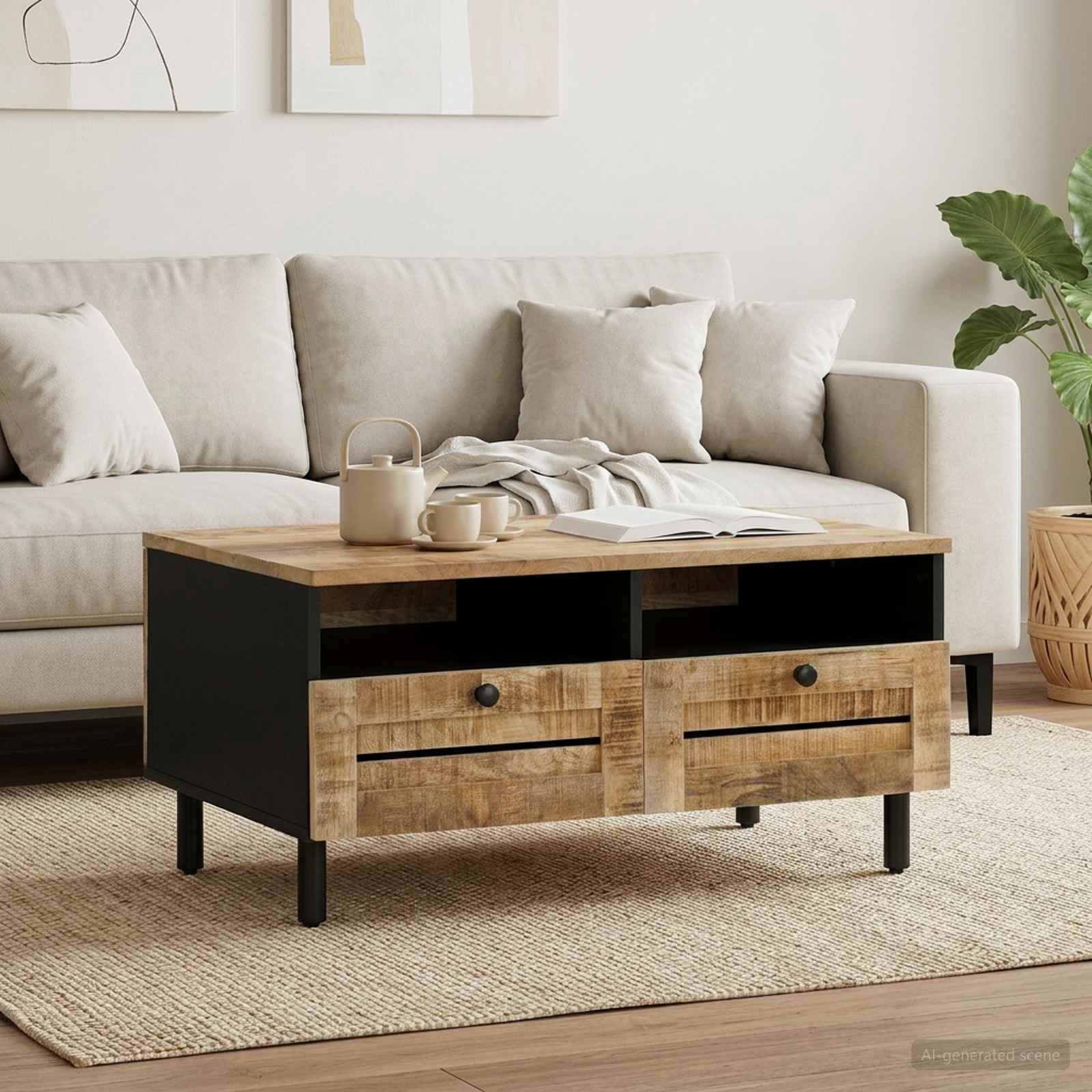 vidaXL Couchtisch Braun und Schwarz 80 x 54 x 40 cm Massivholz Mango