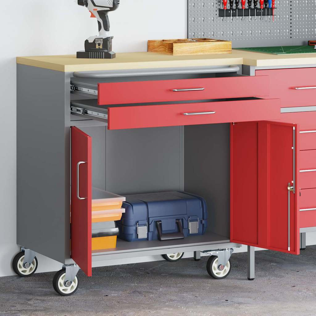 vidaXL Trolley Rolling Workbench Mit Rad Rot und Grau 75 x 45 x 85 cm