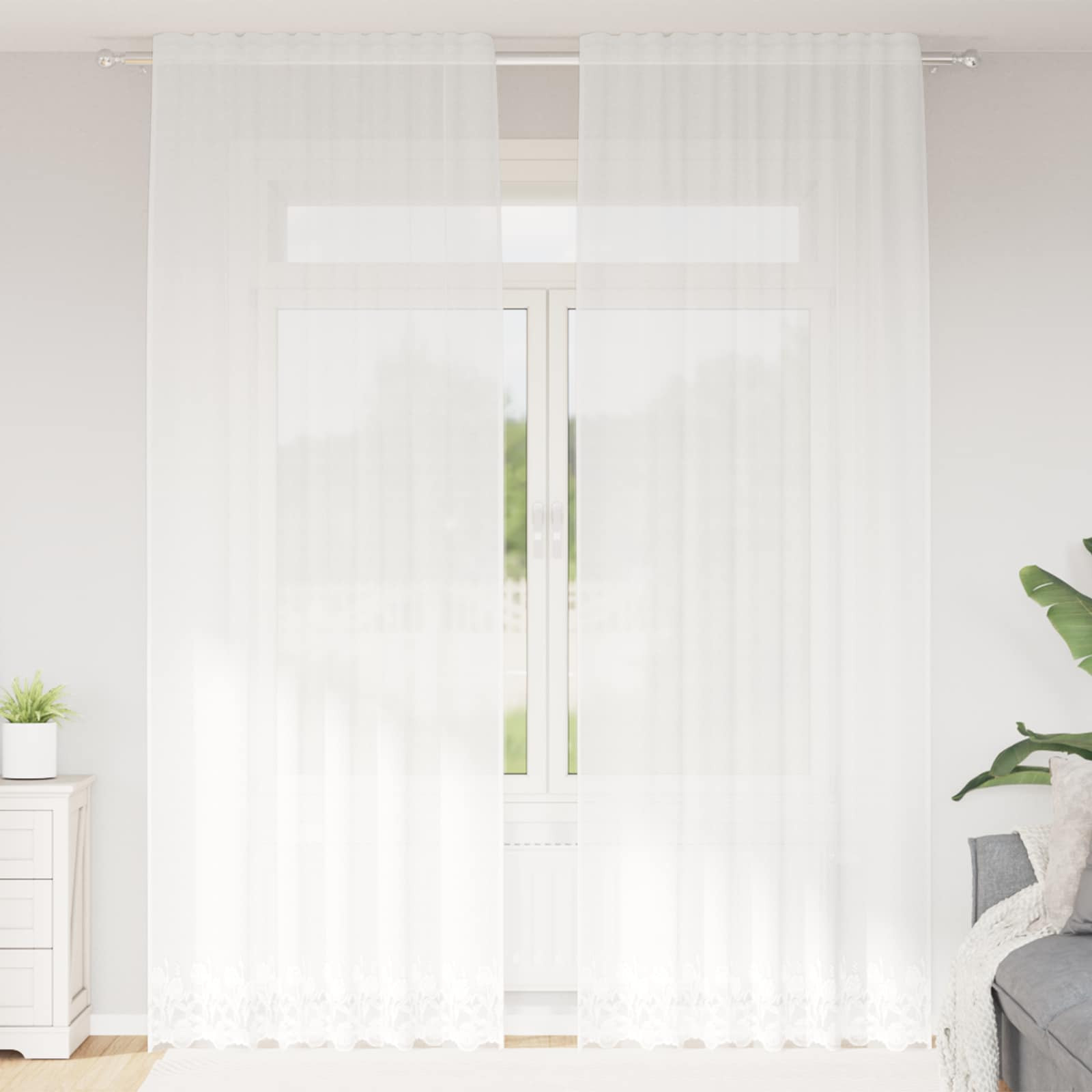 vidaXL Spitzenvorhang mit Vorhängen Floral Weiß 300 x 150 cm Polyester