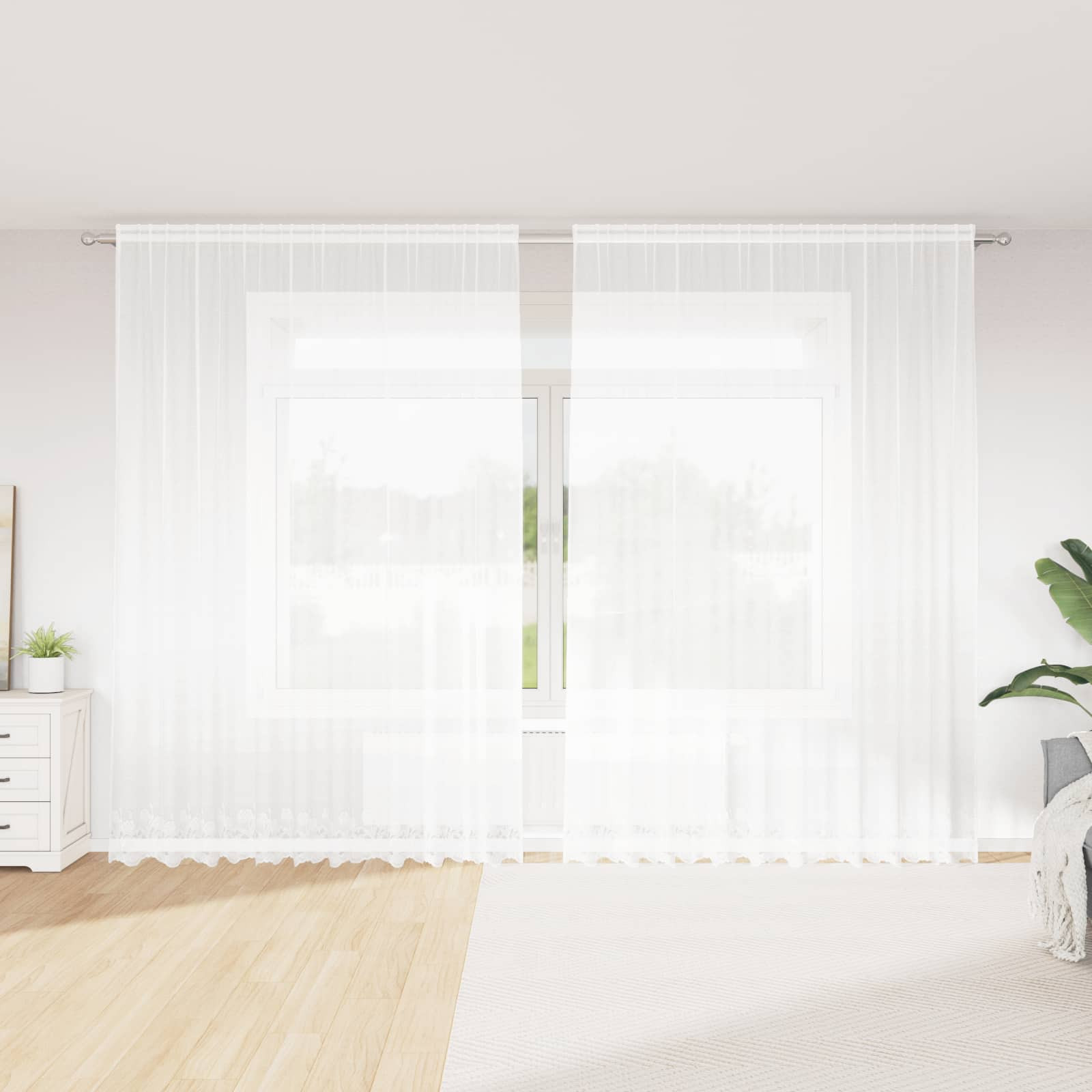 vidaXL Spitzenvorhang mit Vorhängen Floral Weiß 280 x 300 cm Polyester
