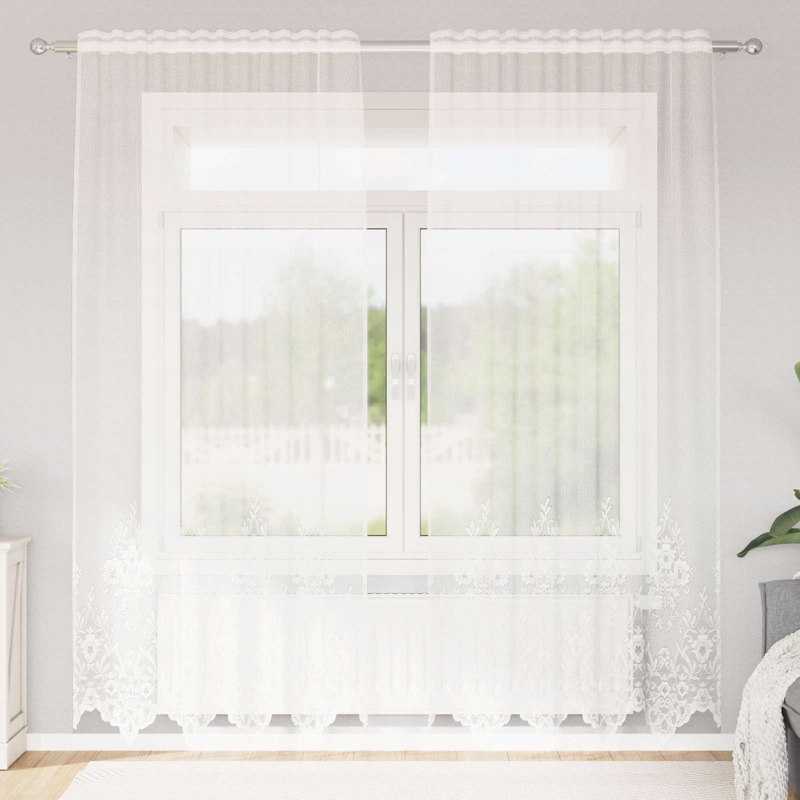 vidaXL Spitzenvorhang mit Vorhängen Floral Weiß 245x150cm Polyester