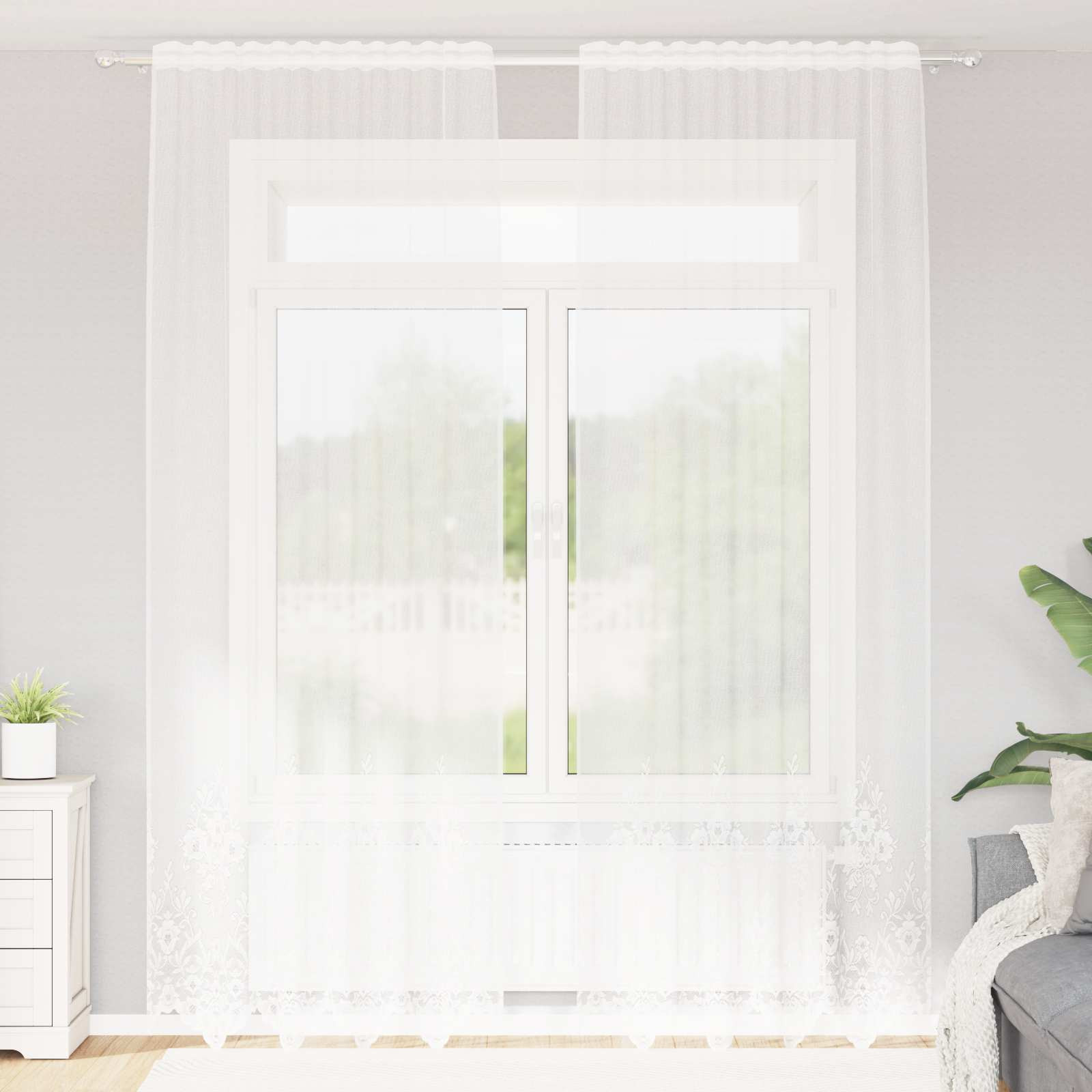 vidaXL Spitzenvorhang mit Vorhängen Floral Weiß 260 x 150 cm Polyester