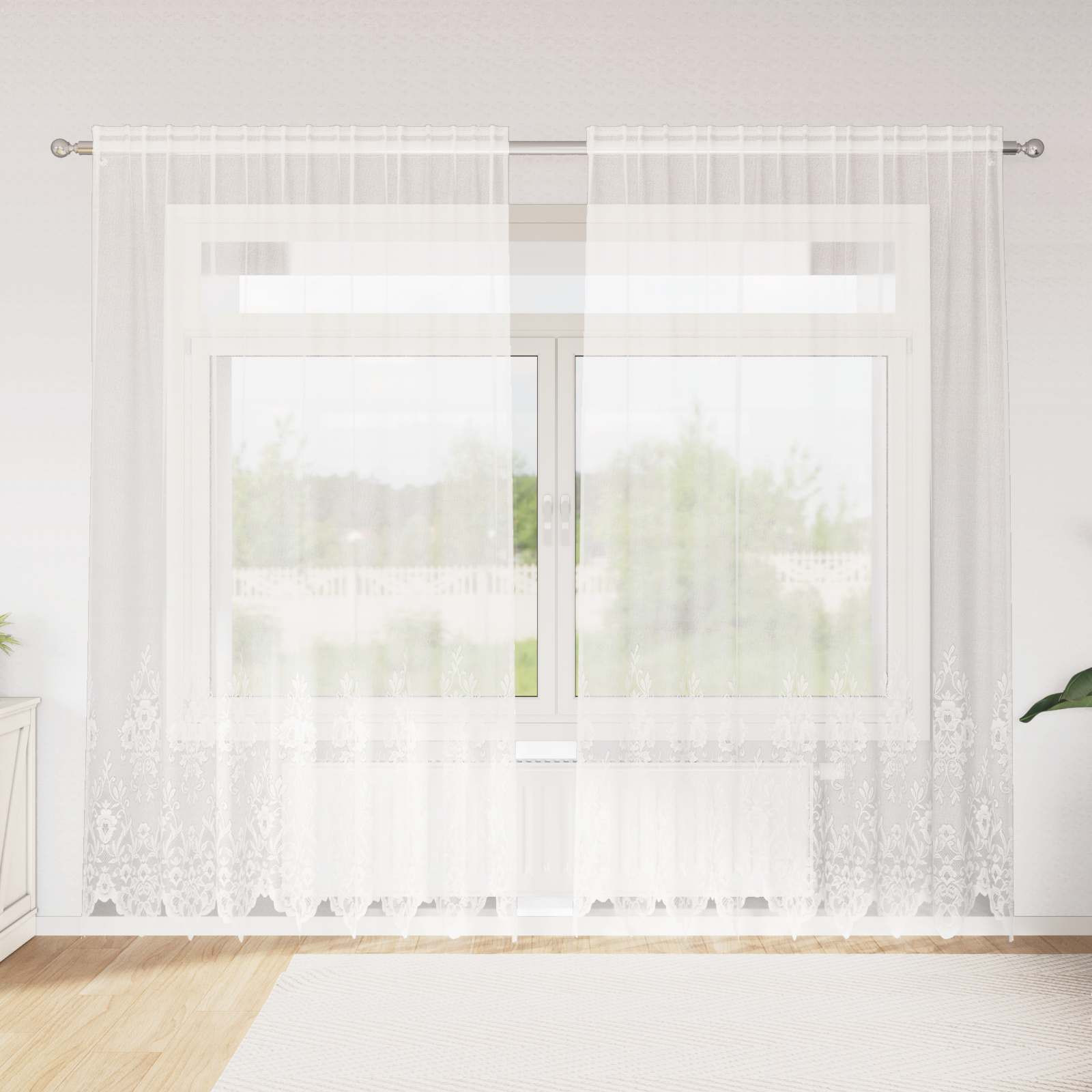 vidaXL Spitzenvorhang mit Vorhängen Floral Weiß 245 x 200 cm Polyester