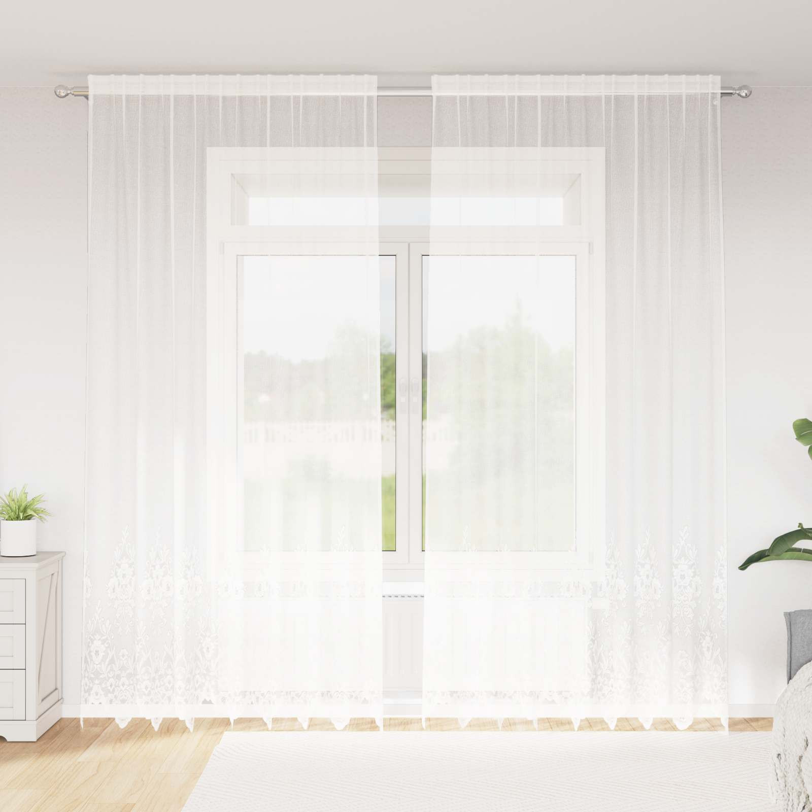 vidaXL Spitzenvorhang mit Vorhängen Floral Weiß 280 x 200 cm Polyester