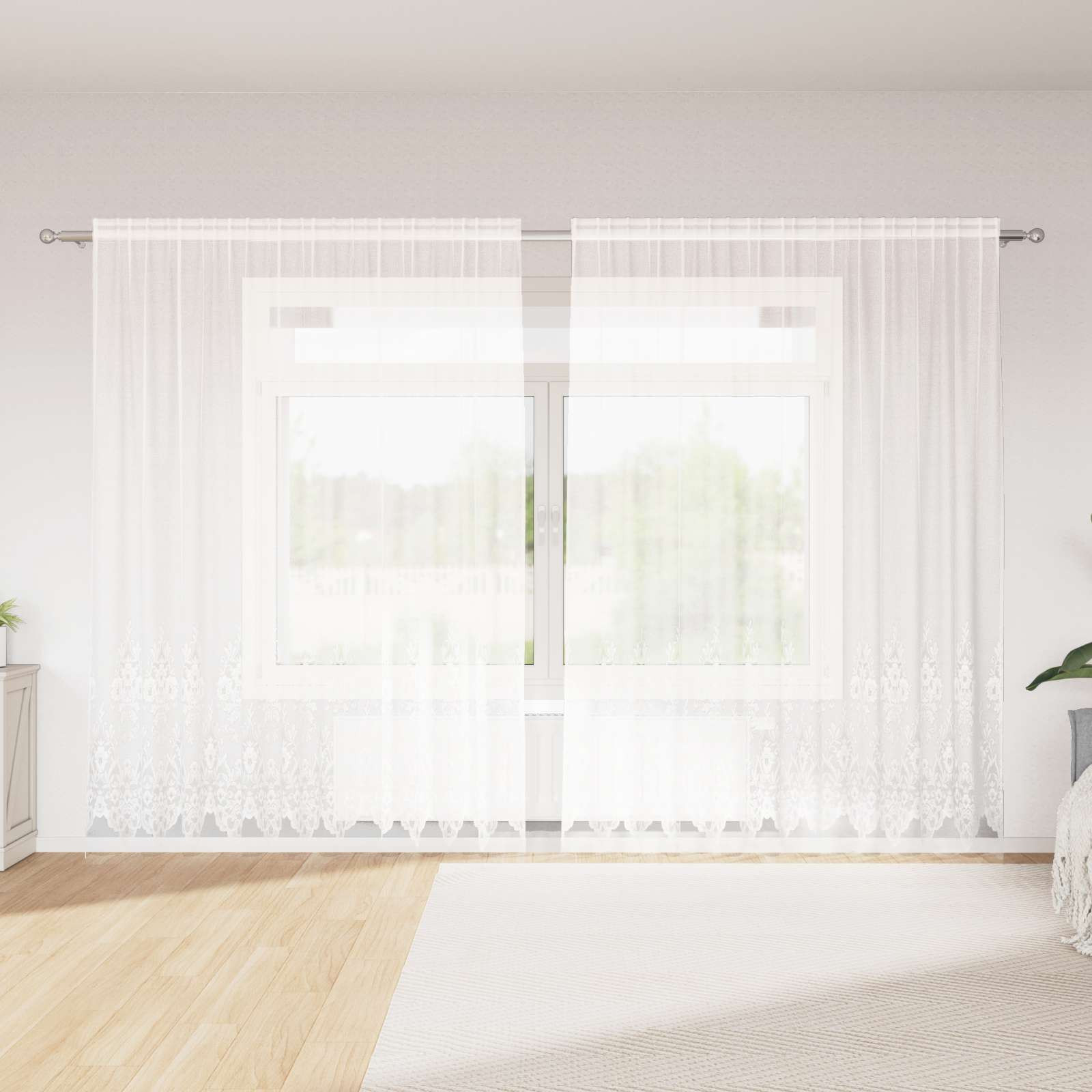 vidaXL Spitzenvorhang mit Vorhängen Floral Weiß 240 x 300 cm Polyester