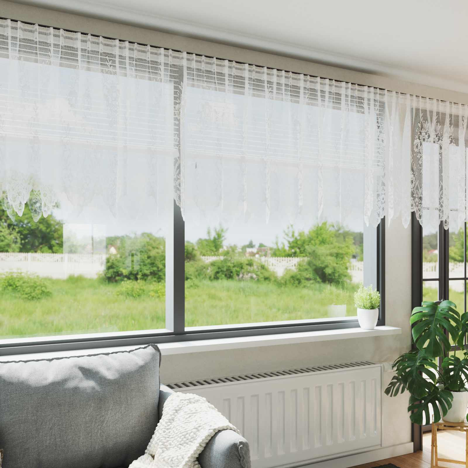 vidaXL Spitzenvorhang mit Vorhängen Floral Weiß 80 x 500 cm Polyester