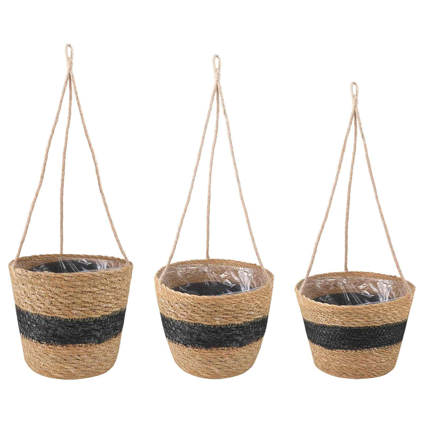 vidaXL Seegras Pflanzenkörbe 3 pcs Natürlich und Schwarz Ø26 x 19 cm