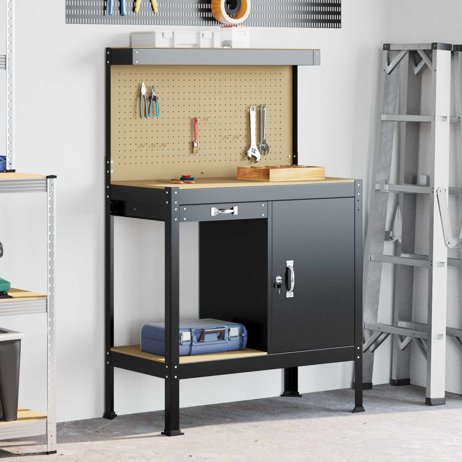 vidaXL Werkbank Schwarz 90 x 49 x 141 cm Sperrholz und Metall