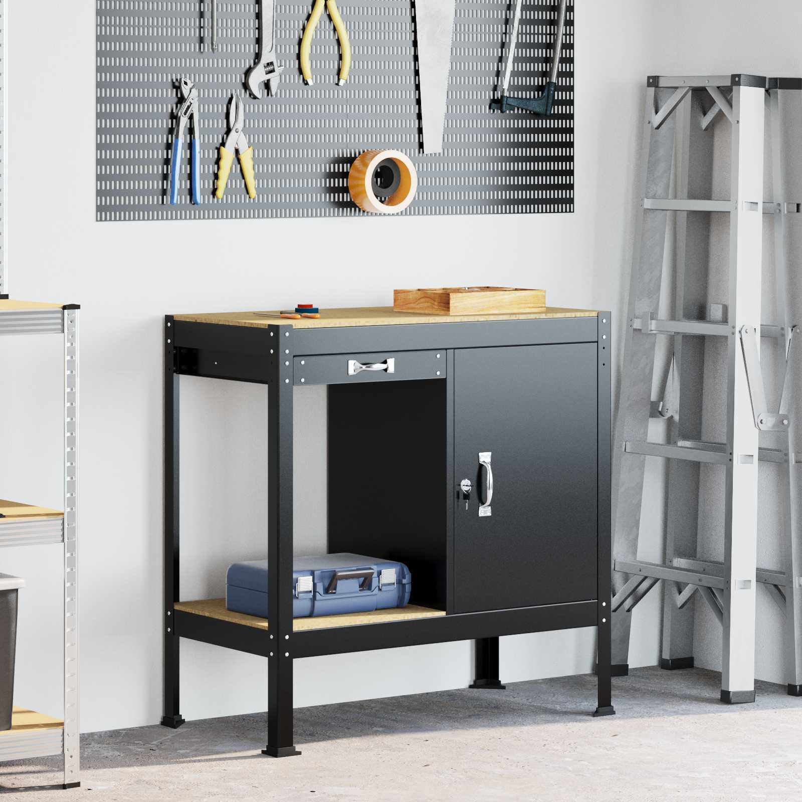 vidaXL Werkbank mit Regal Schwarz 90 x 49 x 91 cm Sperrholz und Metall