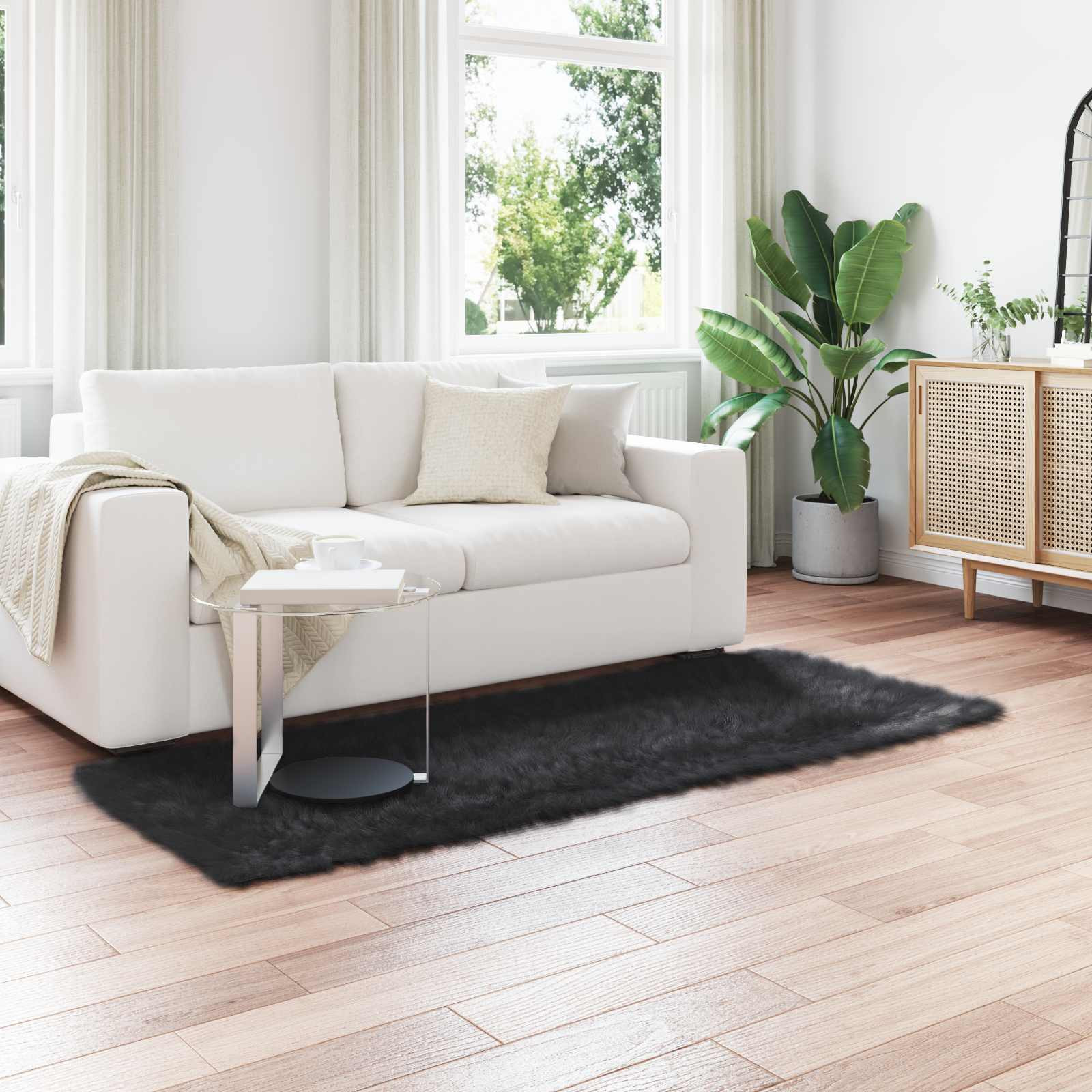 vidaXL Teppich aus Kunstschaffell TAFALLA Schwarz 100 x 200 cm