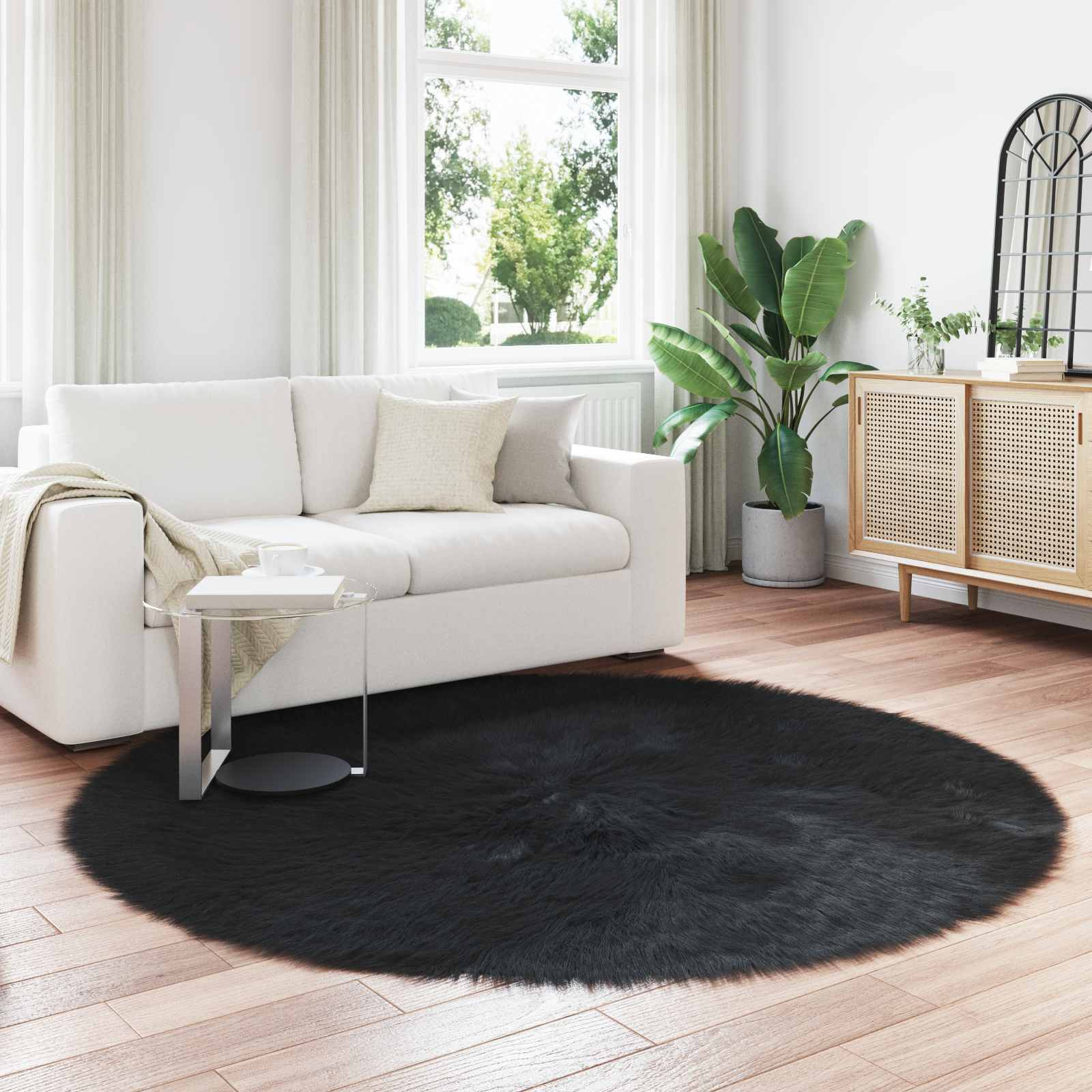 vidaXL Teppich aus Kunstschaffell TAFALLA Schwarz Ø 160 cm Polyester
