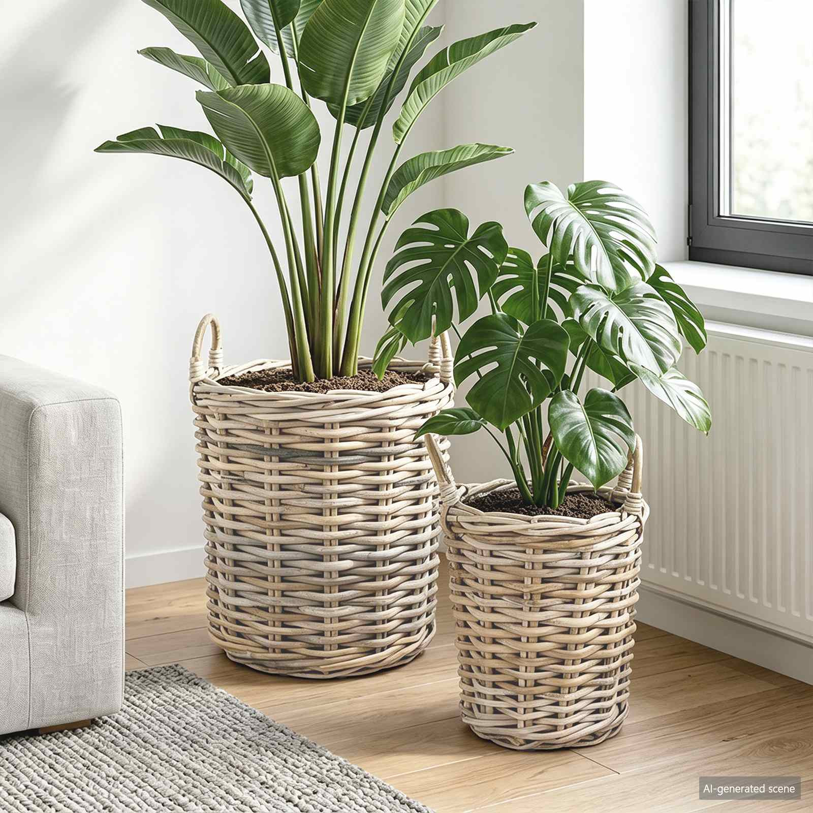 vidaXL Blumentopfkorb mit Speicher 2 Stk. Natürliches Grau Kubu Rattan