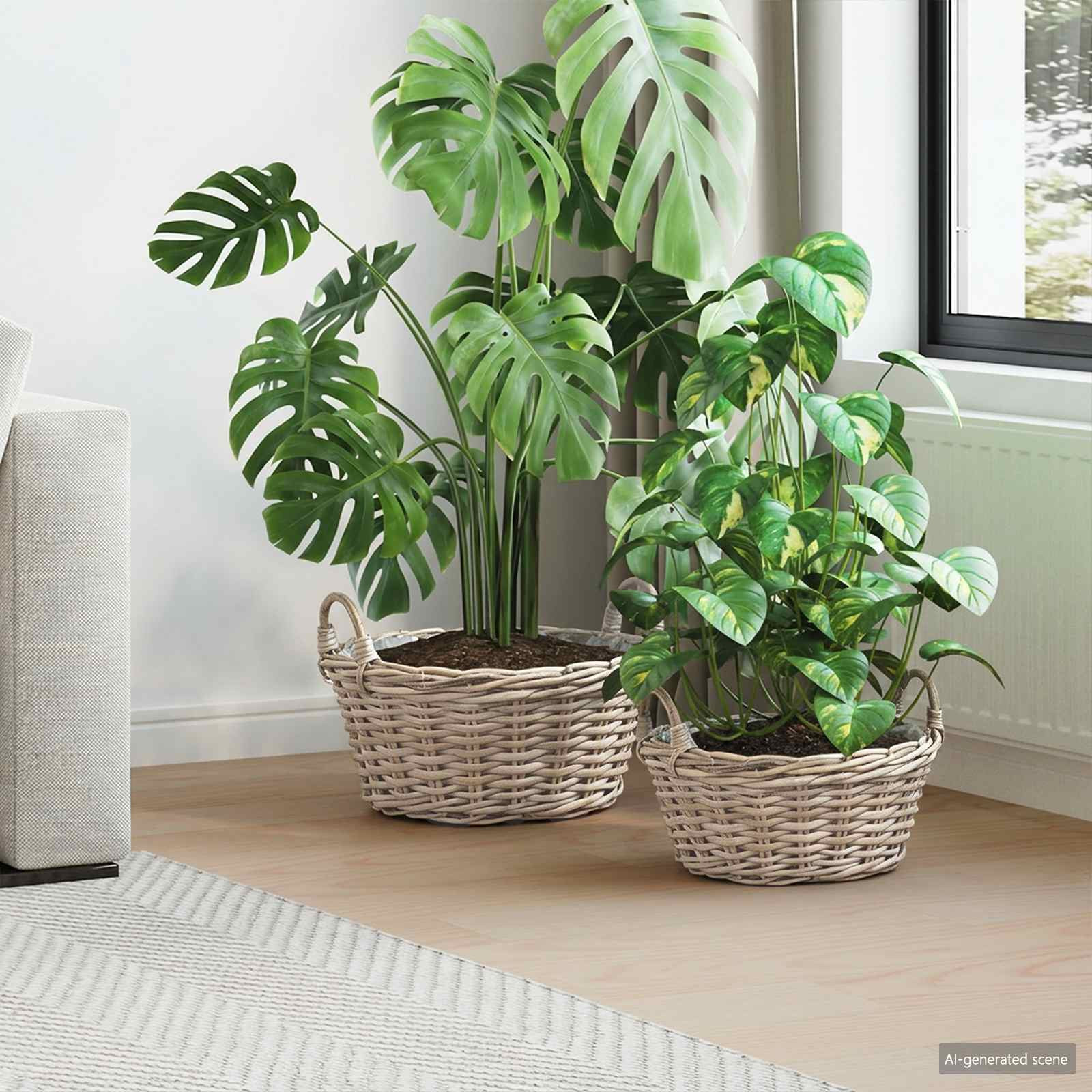 vidaXL Blumentopfkorb mit Speicher 2 Stk. Natürliches Grau Kubu Rattan