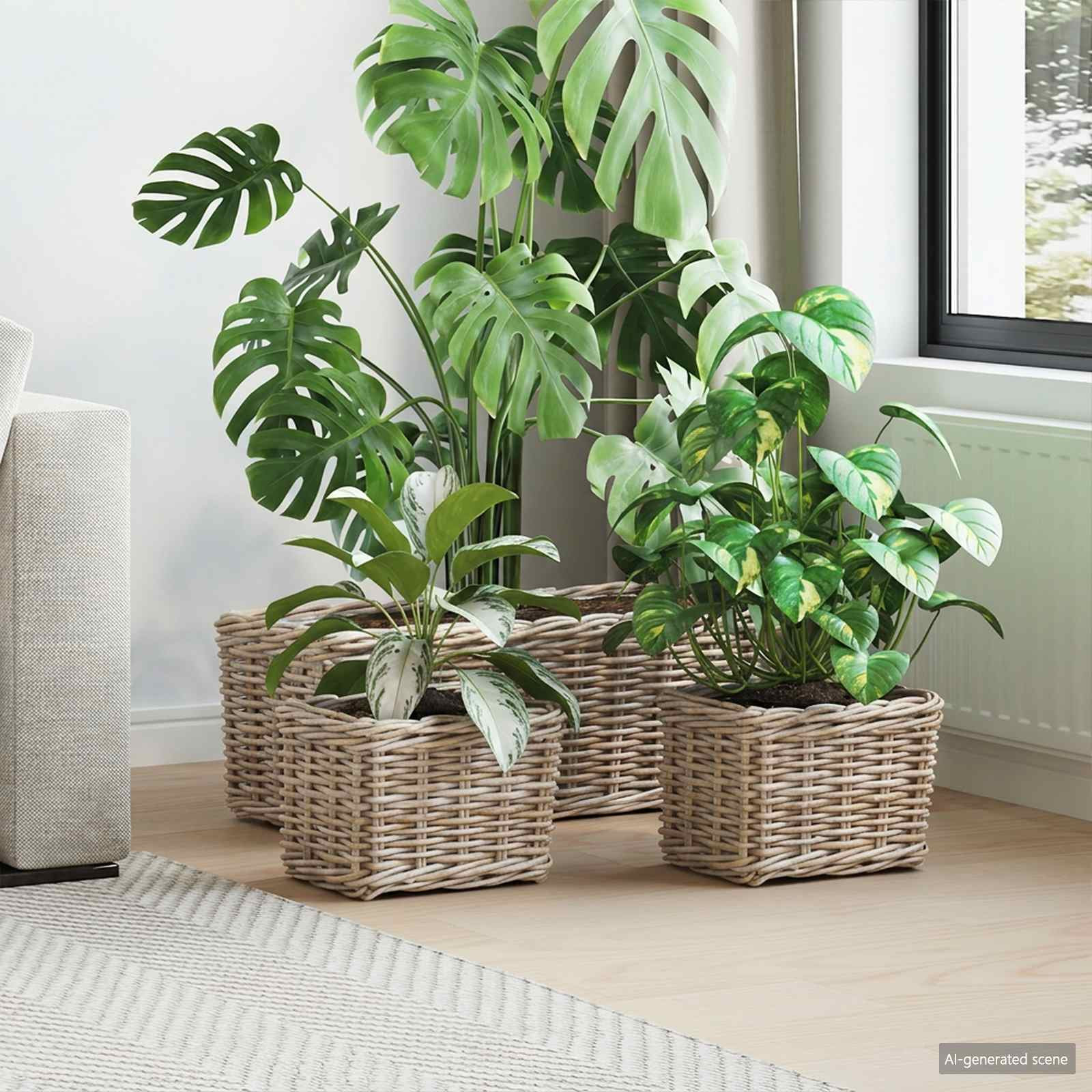 vidaXL Blumentopfkorb mit Speicher 3 Stk. Natürliches Grau Kubu Rattan