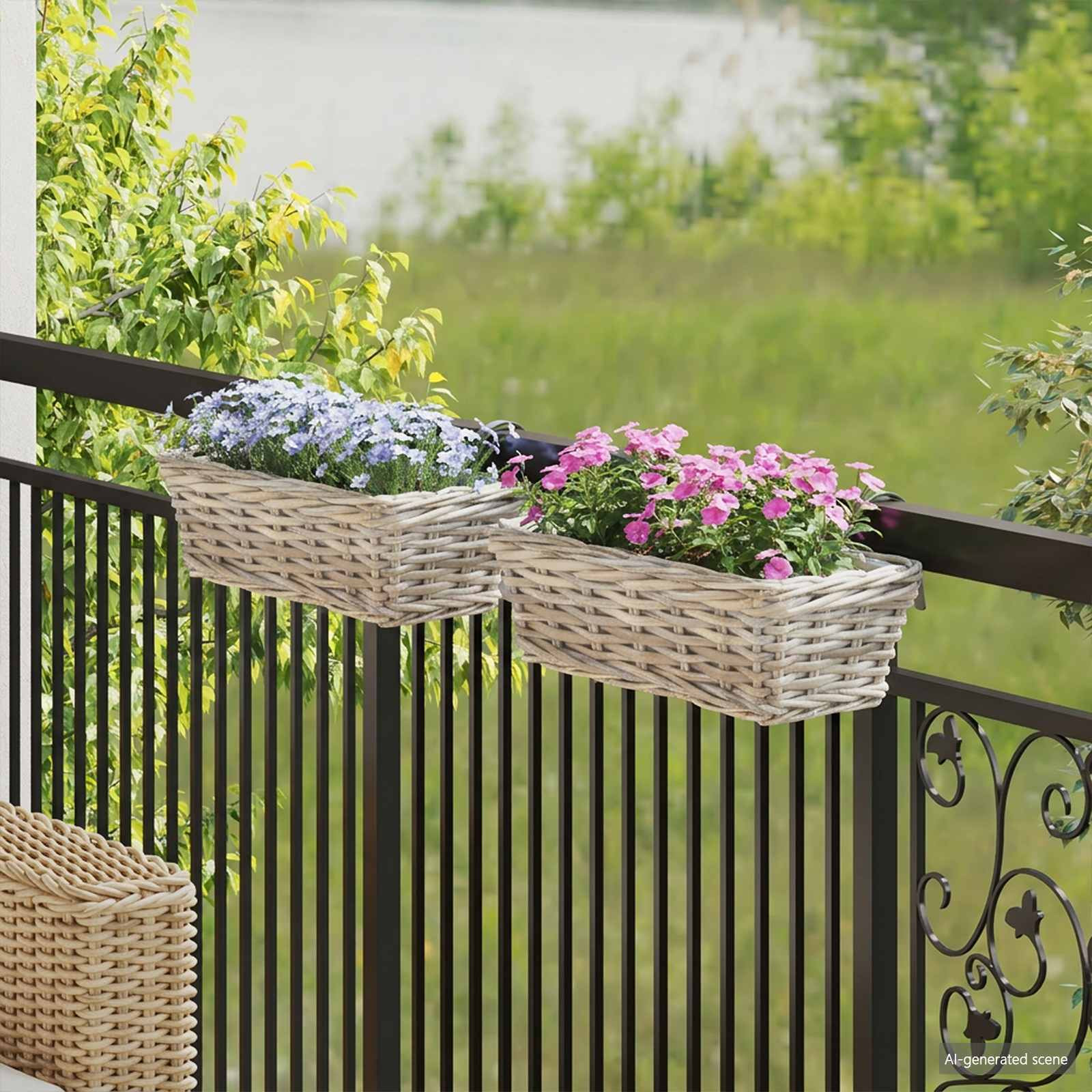 vidaXL Hängender Blumentopf Korb 2 Stk. Natürliches Grau Kubu Rattan