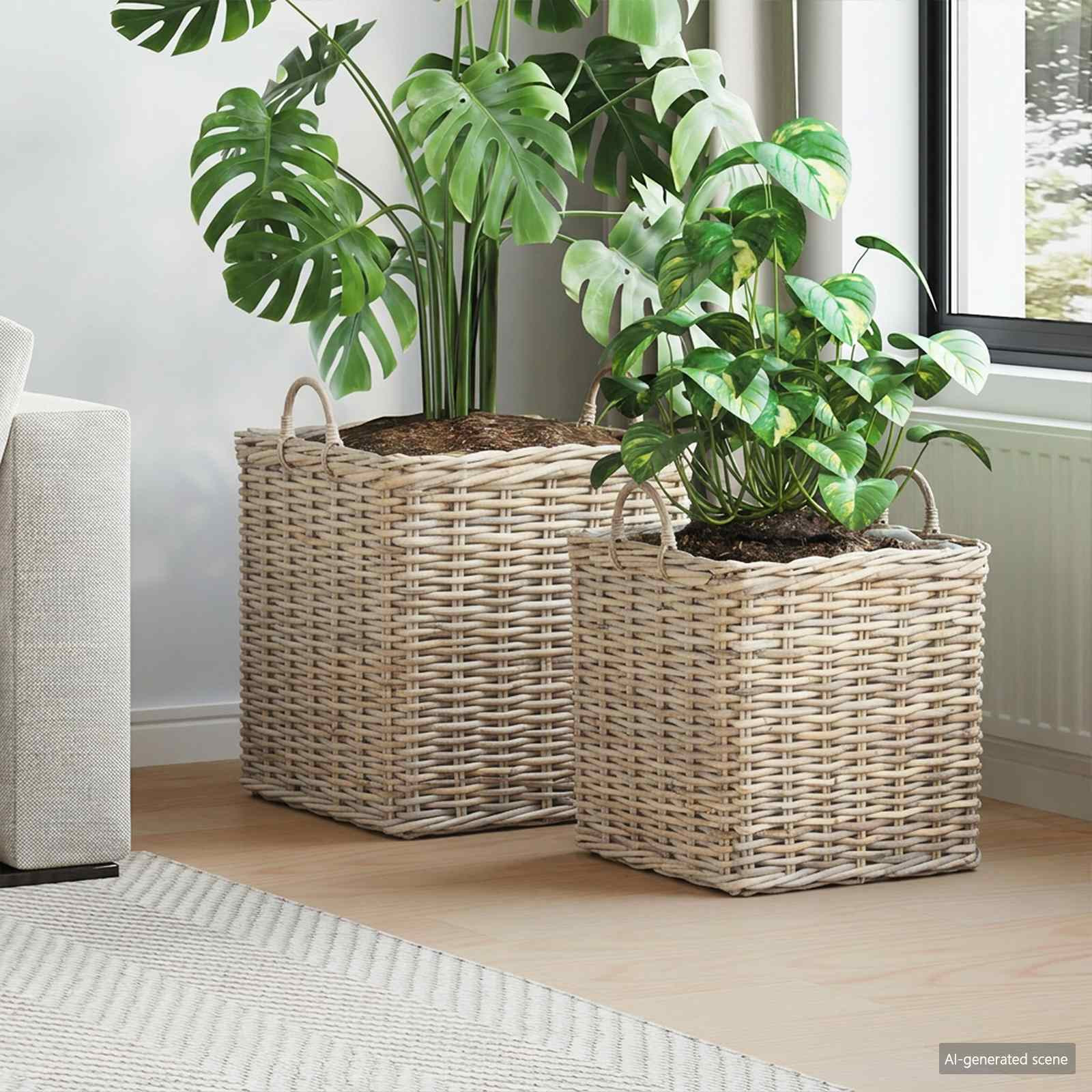 vidaXL Pflanzer Korb mit Speicher 2 Stk. Natürliches Grau Kubu Rattan