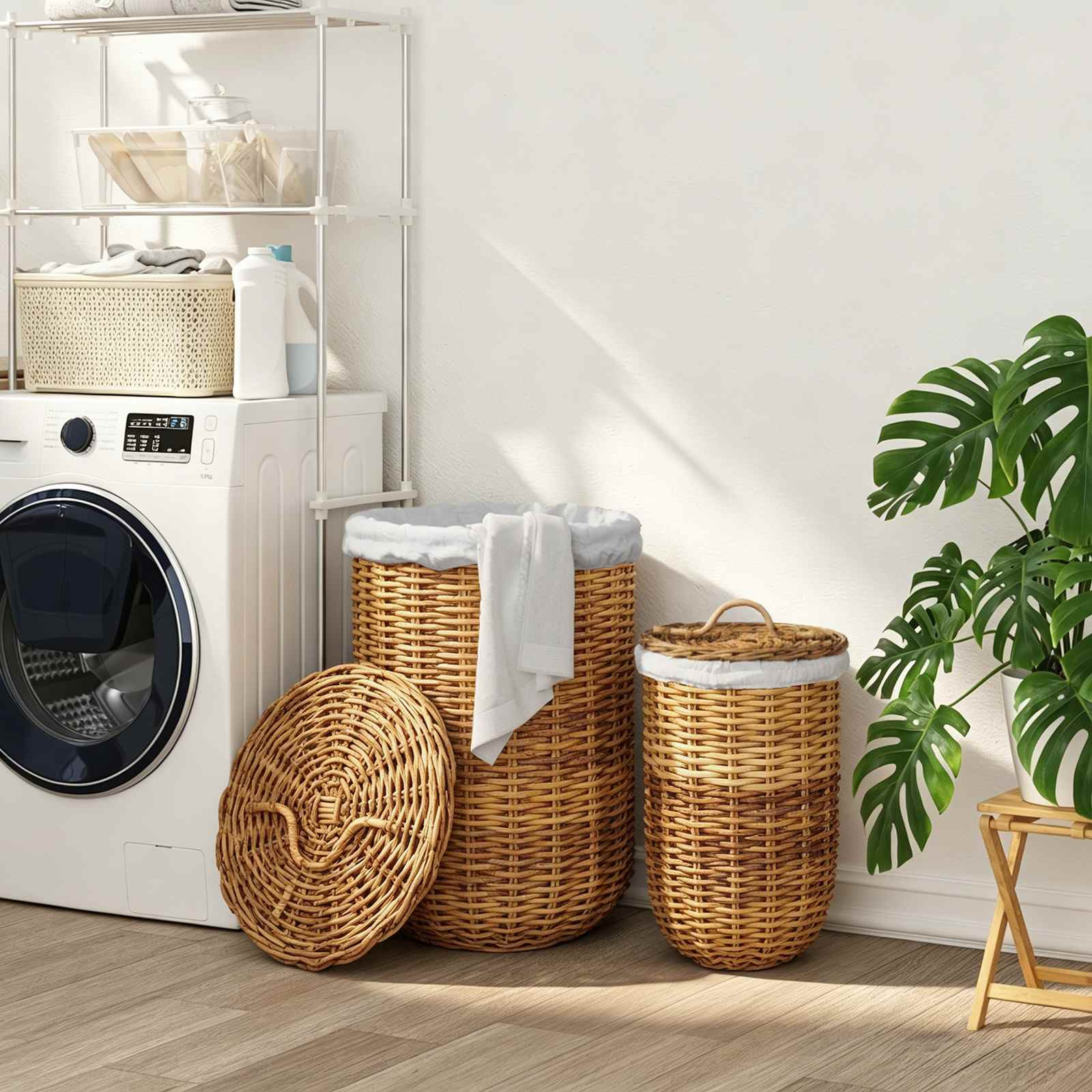 vidaXL Wäschekorb mit Deckel 2 pcs Naturbraun Kubu Rattan