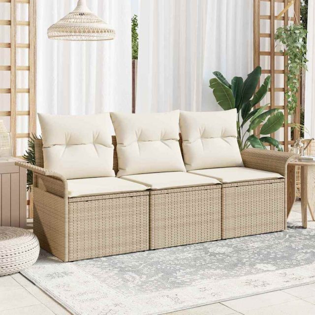 vidaXL Sofa Set mit Kissen 3 pcs Beige und Creme Poly-Rattan