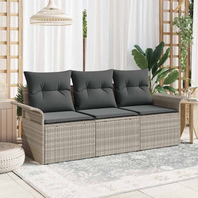 vidaXL Sofa Set mit Kissen 3 pcs Grau Poly-Rattan