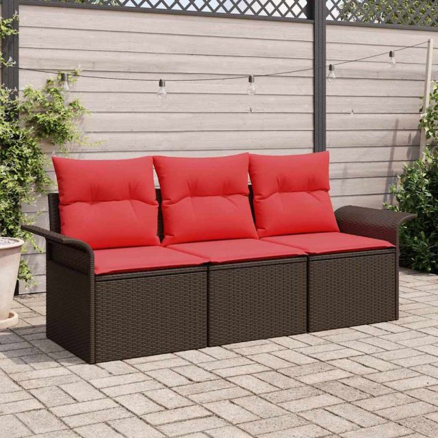 vidaXL Sofa Set mit Kissen 3 pcs Braun und Rot Poly-Rattan