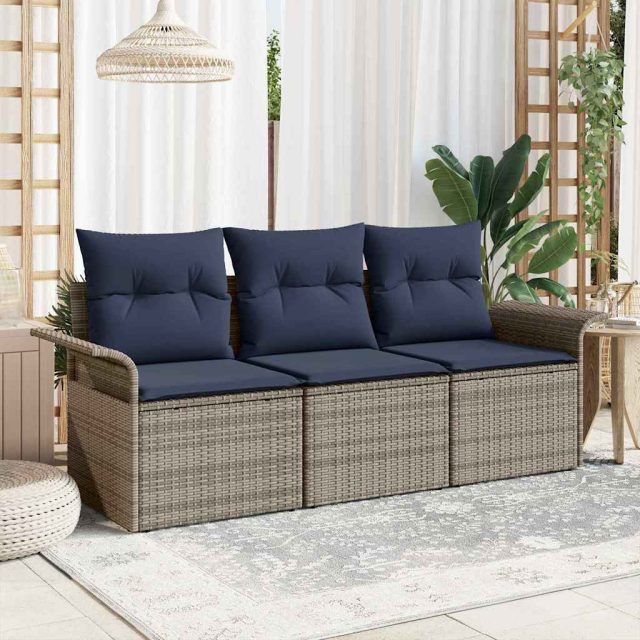 vidaXL Sofa Set mit Kissen 3 pcs Grau und Marineblau Poly-Rattan