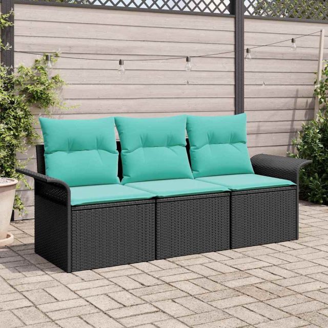 vidaXL Sofa Set mit Kissen 3 pcs Schwarz und Blau Poly-Rattan