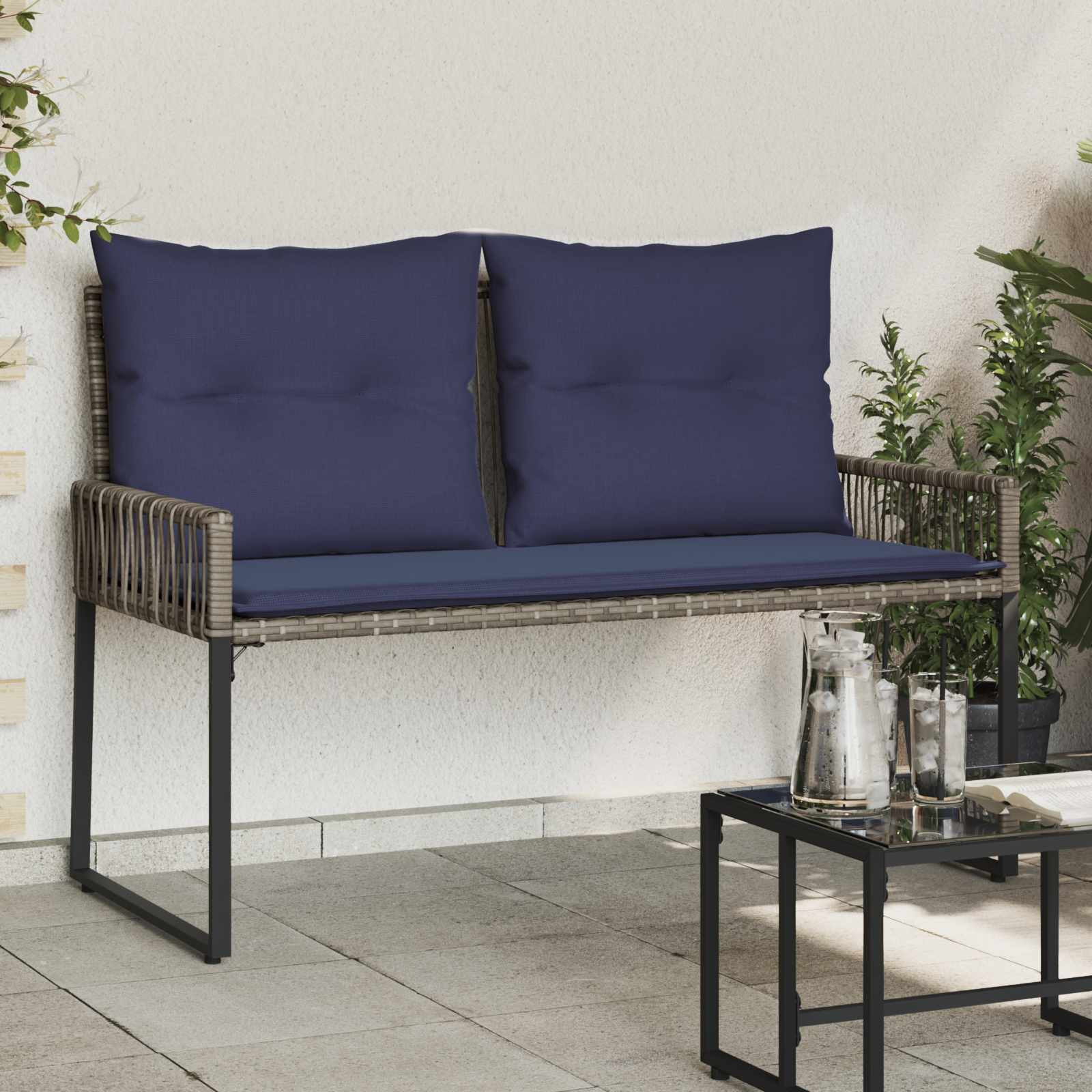 vidaXL Bank Outdoor mit Kissen 4 pcs Grau und Marineblau Poly-Rattan