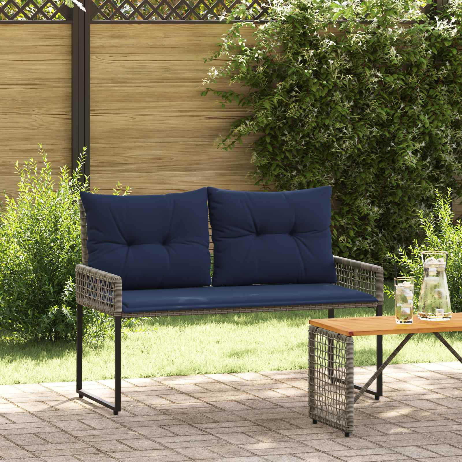 vidaXL Bank Outdoor mit Kissen Grau und Marine 118 x 55 x 82 cm