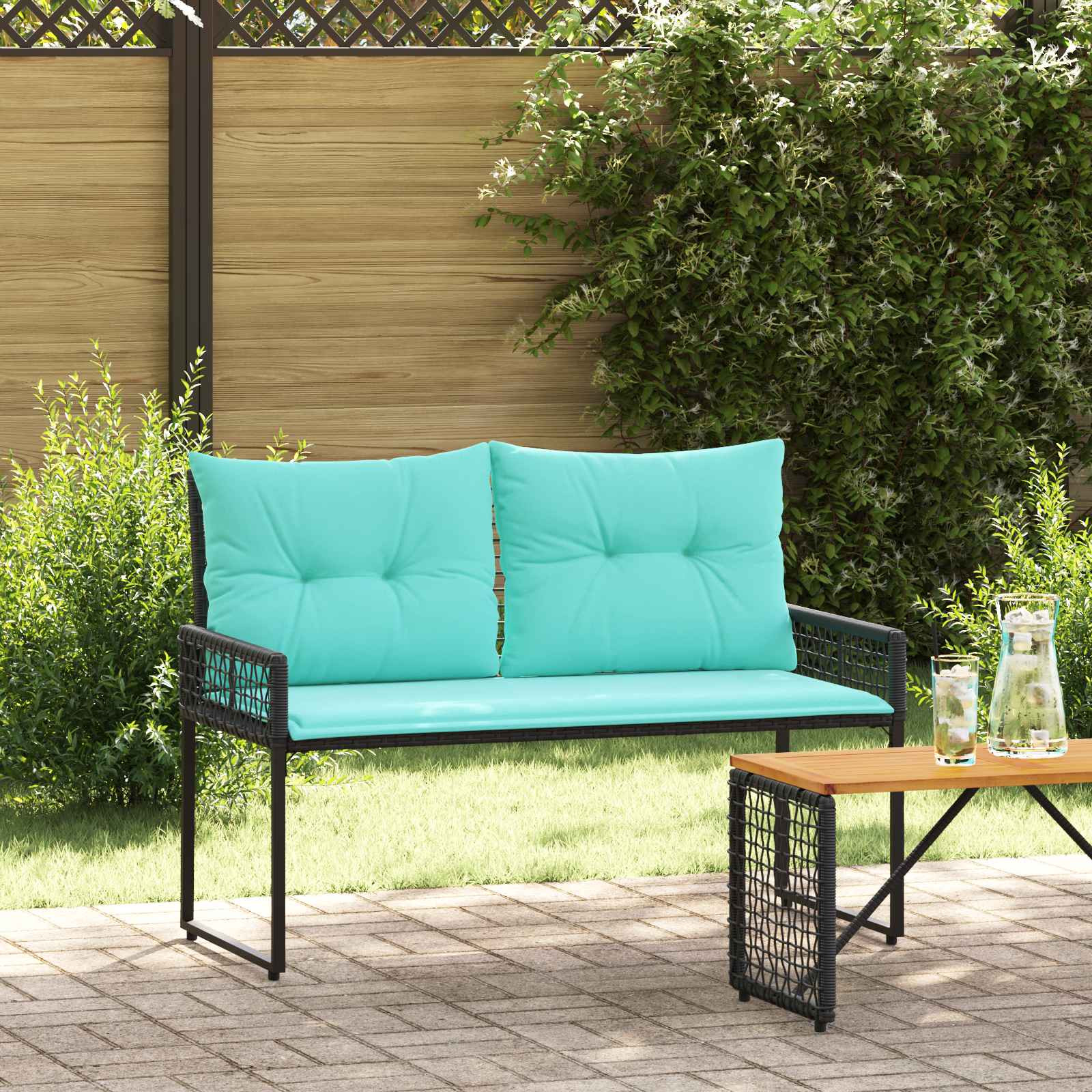 vidaXL Bank Outdoor mit Kissen Schwarz und Türkis 118 x 55 x 82 cm