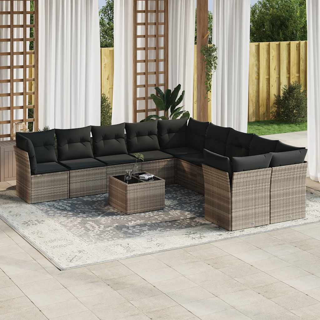 vidaXL 11-tlg. Garten-Sofagarnitur mit Kissen Hellgrau Poly Rattan