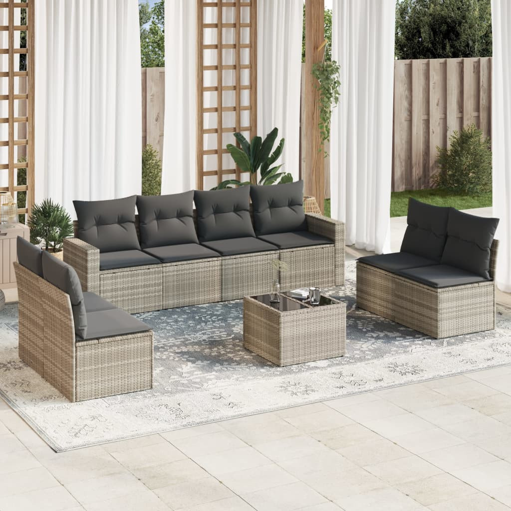 vidaXL 9-tlg. Garten-Sofagarnitur mit Kissen Hellgrau Poly Rattan