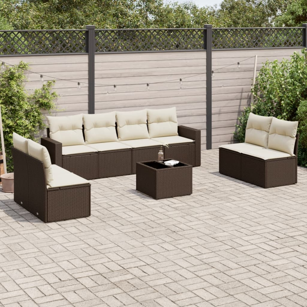 vidaXL 9-tlg. Garten-Sofagarnitur mit Kissen Braun Poly Rattan