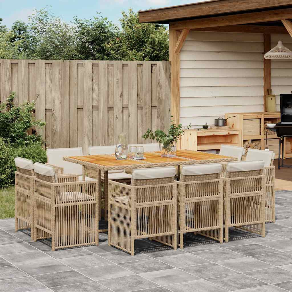 vidaXL 11-tlg. Garten-Essgruppe mit Kissen Beige Poly Rattan